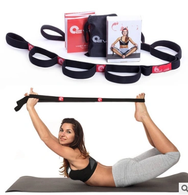 Yoga stretch strap with multiple grip loops; elastic, flexible, durable yoga strap for stretching exercises.