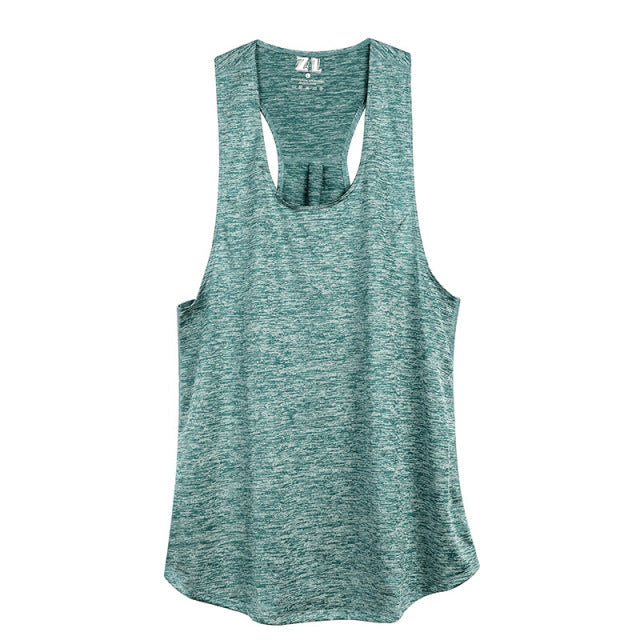 Green workout tank top with racerback design made from breathable polyester fabric.