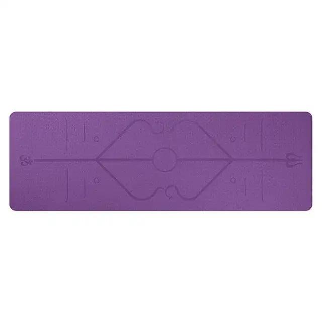 Purple non-slip yoga mat with printed position line, made from eco-friendly TPE material.