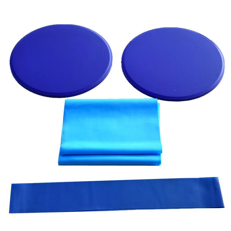 Yoga fitness three-piece set with blue sliding discs, tension band, and resistance ring.