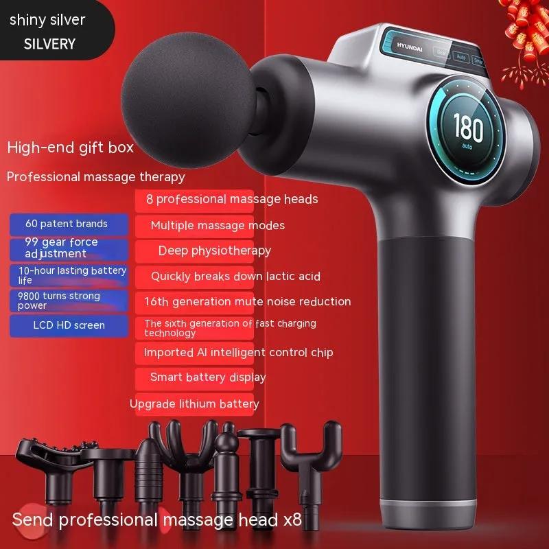 WILKYs0Massage Gun Muscle Relaxation Massager
 Product information:
 
 Color: gray-99 gear-8 head LCD screen color box packaging, silver-99 gear-8 head LCD screen color box packaging, gray-99 gear 8 head LCD sc