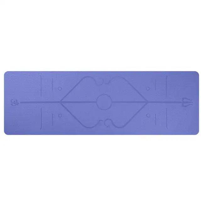 Blue TPE yoga mat with printed position line, non-slip and eco-friendly design.