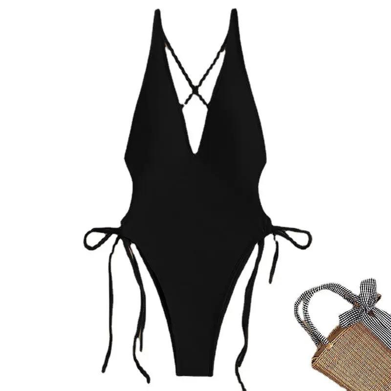 Deep V beach bikini lace-up one-piece swimsuit in black for women, featuring a sexy deep V neckline and adjustable side ties.