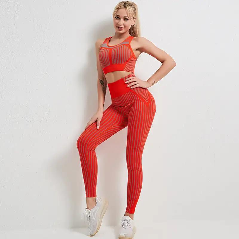 Yoga Fitness suit in vibrant red, designed for flexibility and strength enhancement, shown worn by a model.