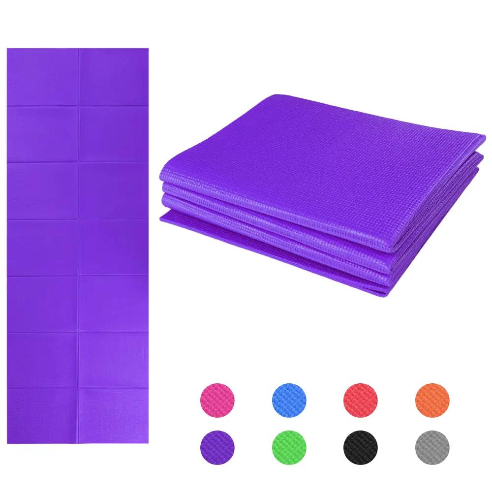 Non-slip purple 3-fold yoga mat with multiple color options for fitness and exercise.