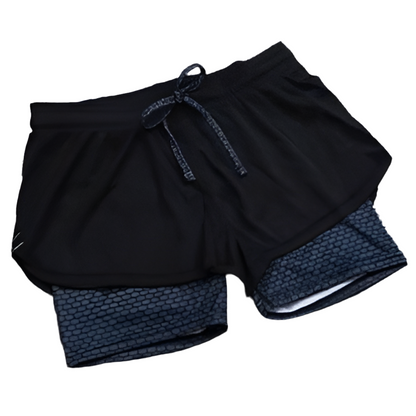 Women's black mesh yoga shorts with inner layer for fitness wear.