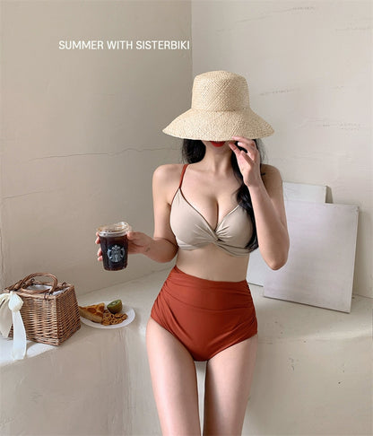 Swimsuit Female South Korea Ins Style Hot Springs Conservative Split Sexy Bikini High Waist Triangle Slimming Tummy Hiding Swimming Suit