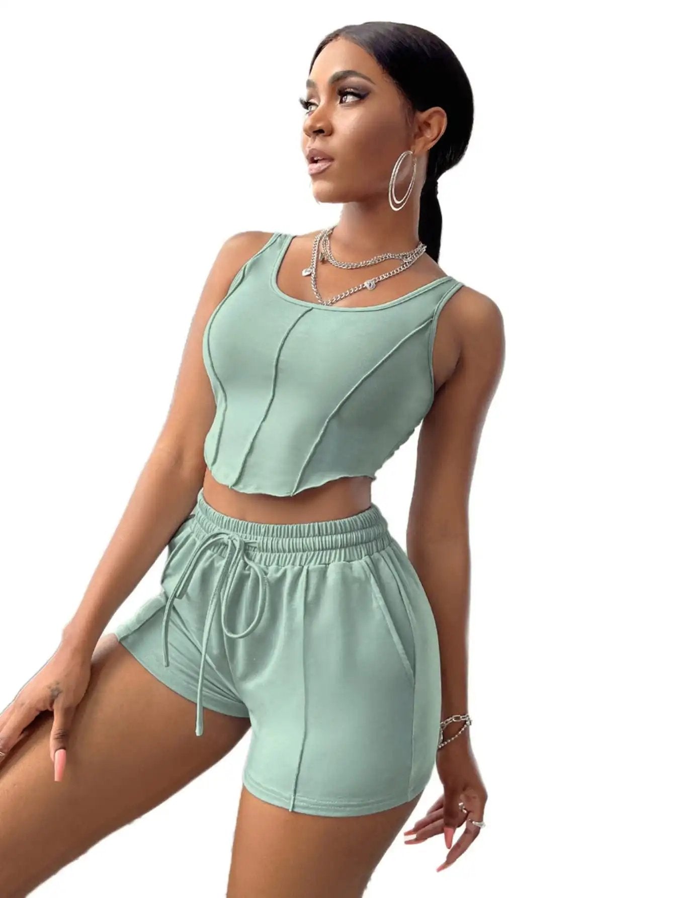 WILKYs0Fashion Irregular Strap Women's Suit
 Product information:
 
 Color: light green, black, white, khaki, brown, pink, light blue
 
 Main fabric composition: Polyester (polyester fiber)
 
 Size: XS,S,M,L
