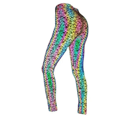 Women's fitness yoga reflective slim fit pants in multicolored pattern with medium elasticity.