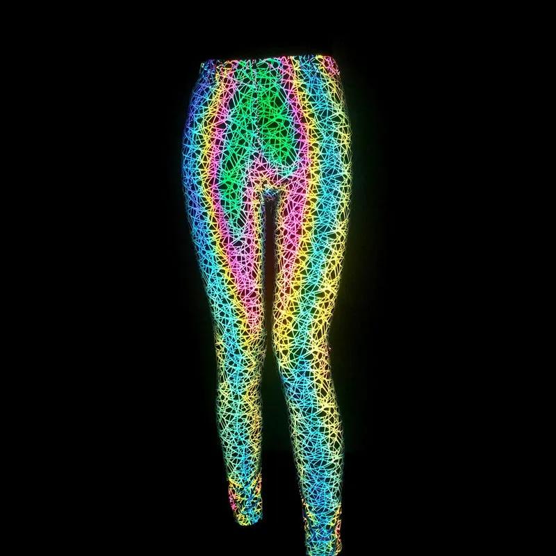 Women's reflective yoga slim fit fitness pants with colorful rainbow design, polyester fabric, medium thickness.