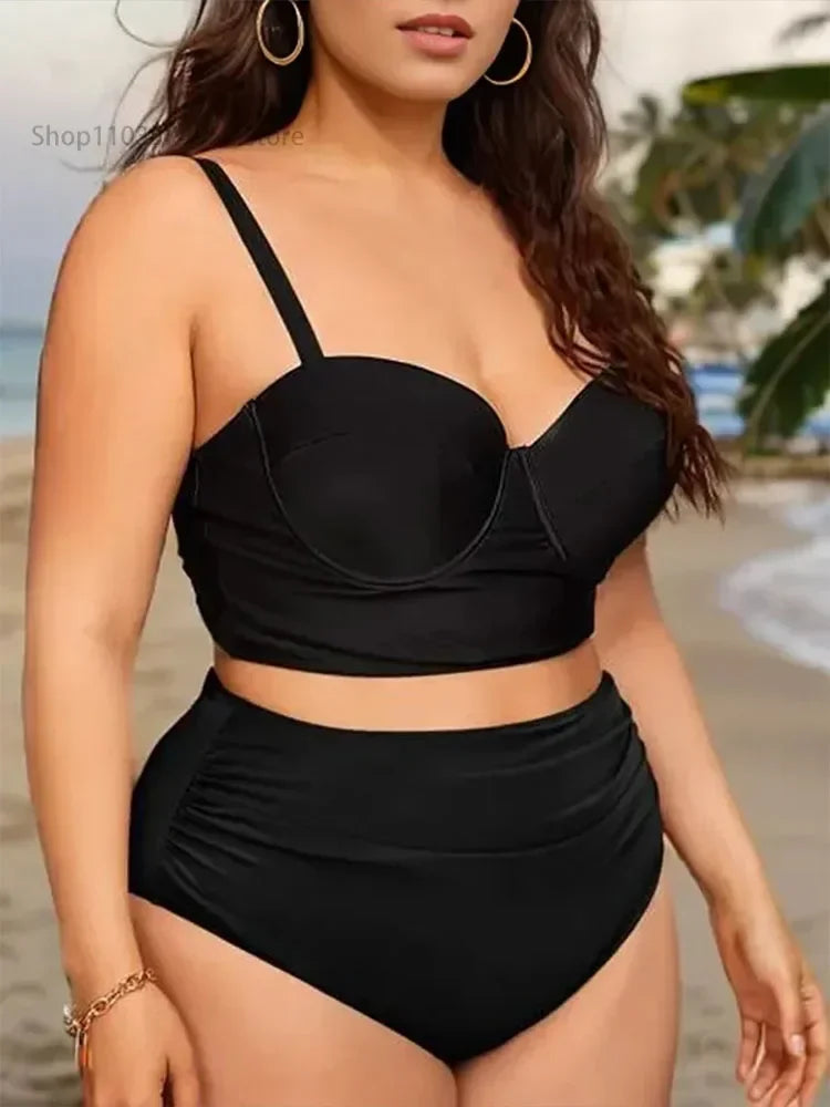 Large monochrome bikini, women's enhancement, two-piece high waisted swimsuit, beach clothing, 2024