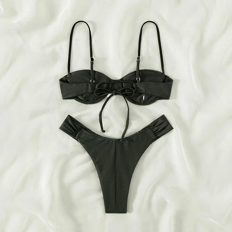 2023 new push up women swimwear sets new sexy bikini set solid color sling pleated split swimsuit Women 2 pieces micro bikini Sw