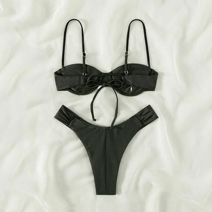 2023 new push up women swimwear sets new sexy bikini set solid color sling pleated split swimsuit Women 2 pieces micro bikini Sw