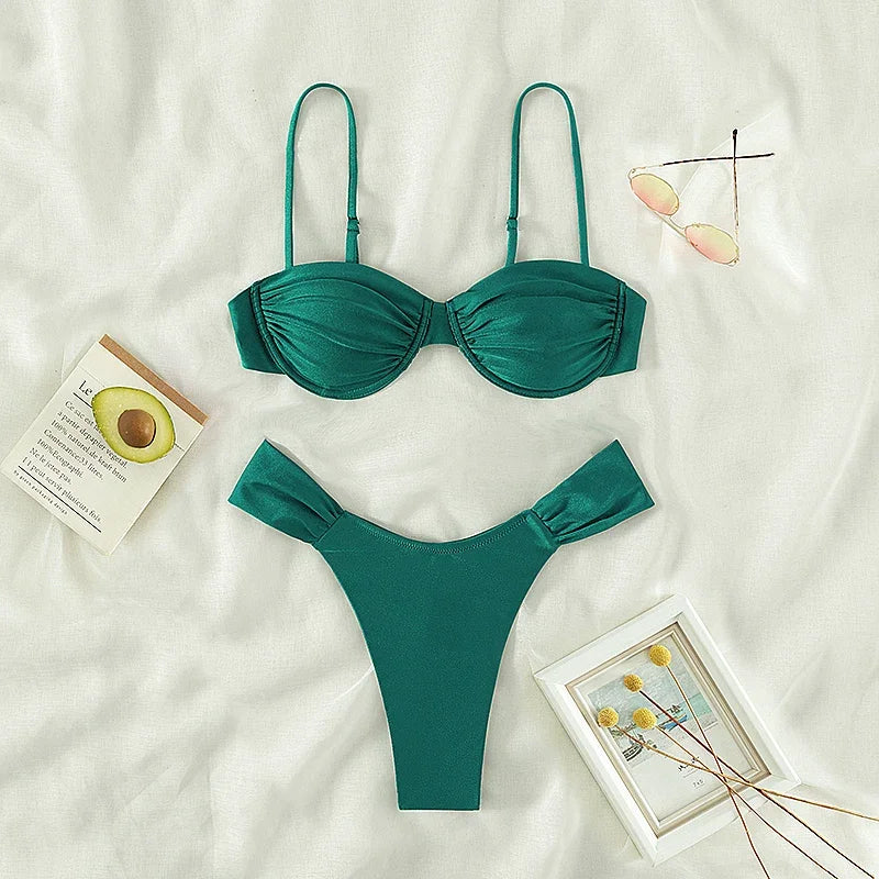 2023 new push up women swimwear sets new sexy bikini set solid color sling pleated split swimsuit Women 2 pieces micro bikini Sw