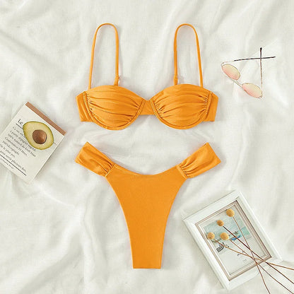 2023 new push up women swimwear sets new sexy bikini set solid color sling pleated split swimsuit Women 2 pieces micro bikini Sw