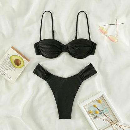 2023 new push up women swimwear sets new sexy bikini set solid color sling pleated split swimsuit Women 2 pieces micro bikini Sw