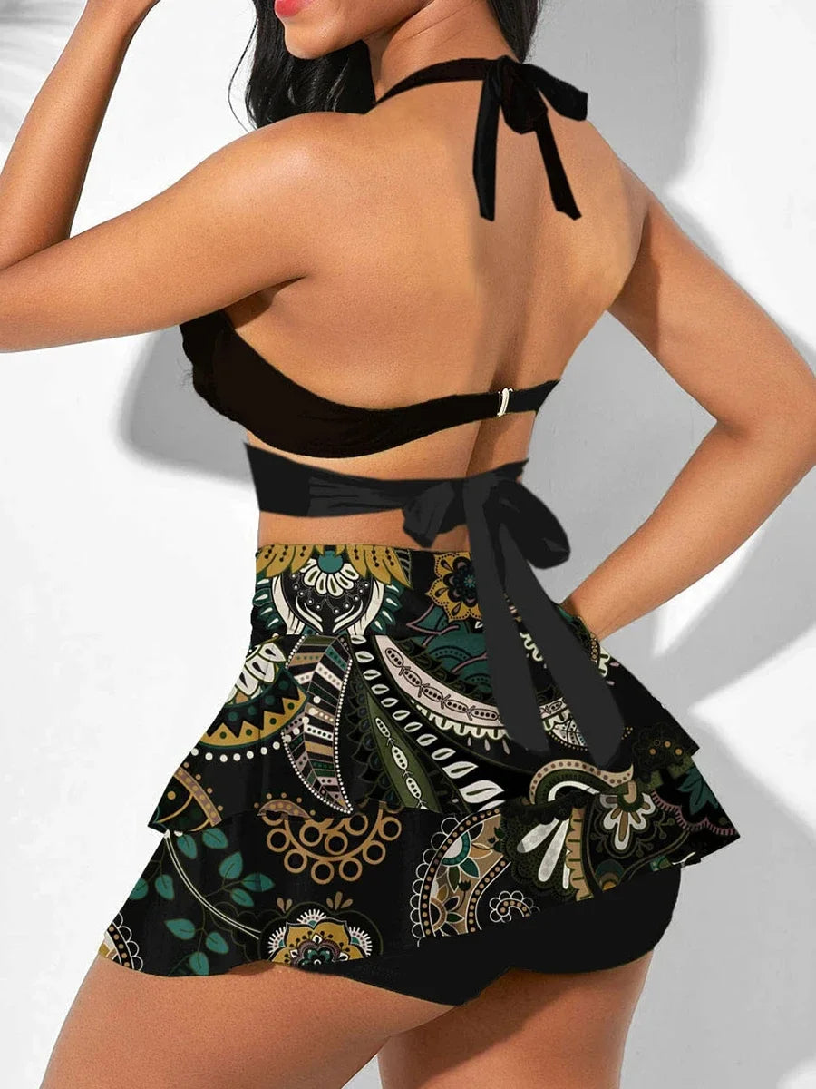 Printed Swimsuit Dress 2024 Push Up Bikini Women High Waist Swimwear Female Padded Bather Bathing Suit Swimming Beachwear Summer