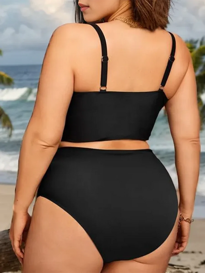 Large monochrome bikini, women's enhancement, two-piece high waisted swimsuit, beach clothing, 2024