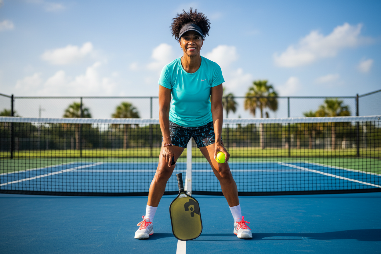 A middle age Afro-latina on a pickleball court holding a WILKYS pickleball paddle