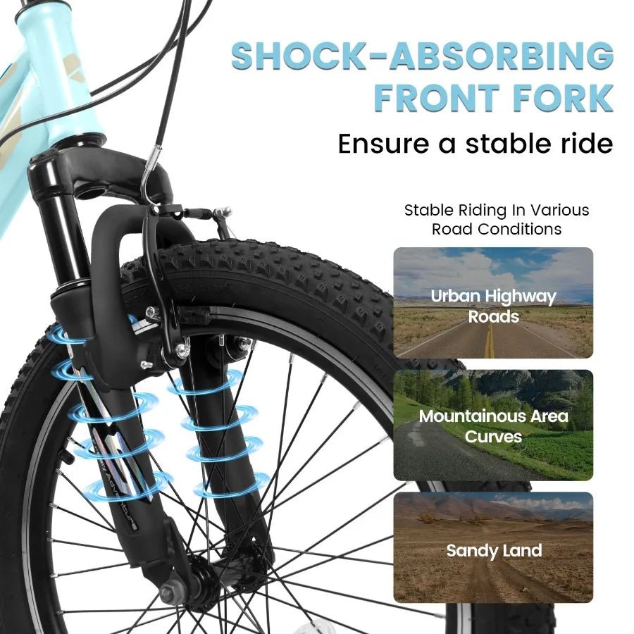 A20261 20 inch 's Bicycle Shock Absorbing Front Fork 21 Speed V brakes Mountain Tire Boys and Girls Bike for Outdoor Adventure - WILKYs