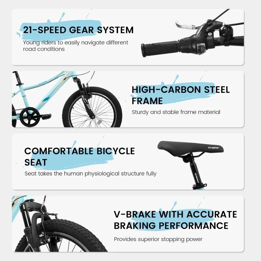 A20261 20 inch 's Bicycle Shock Absorbing Front Fork 21 Speed V brakes Mountain Tire Boys and Girls Bike for Outdoor Adventure - WILKYs