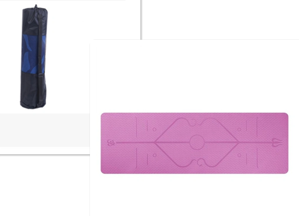 Purple yoga mat with position lines and black tote bag.