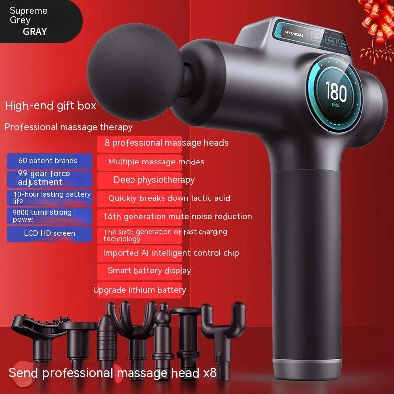 WILKYs0Massage Gun Muscle Relaxation Massager
 Product information:
 
 Color: gray-99 gear-8 head LCD screen color box packaging, silver-99 gear-8 head LCD screen color box packaging, gray-99 gear 8 head LCD sc