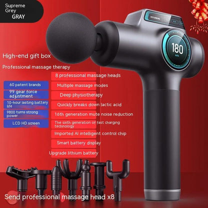 WILKYs0Massage Gun Muscle Relaxation Massager
 Product information:
 
 Color: gray-99 gear-8 head LCD screen color box packaging, silver-99 gear-8 head LCD screen color box packaging, gray-99 gear 8 head LCD sc