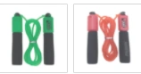 Rope skipping fitness ropes with sponge handles in green and red variants.