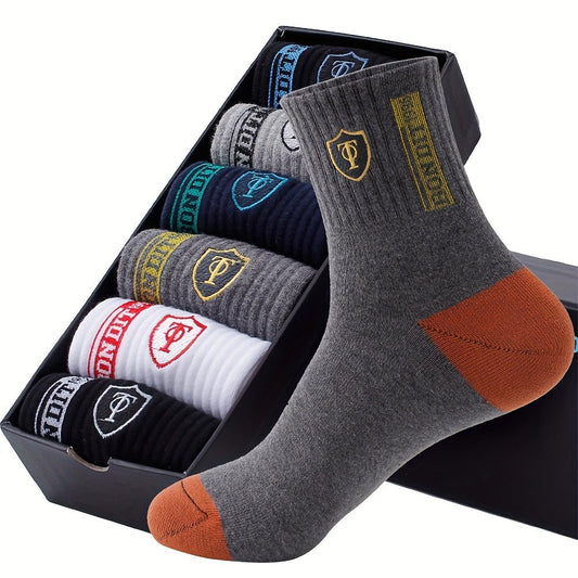 [Breathable Crew Socks] 6pcs LIJIE Men's Breathable Crew Socks | Comfortable Polyester & Spandex Blend, Casual Business Style with Letter Print, Assorted Colors, Versatile Dress Socks - WILKYs