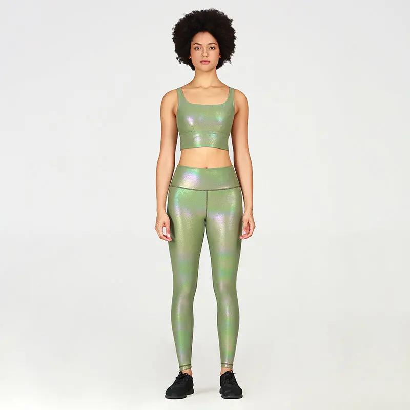 Women's sports running fitness yoga wear set, nylon, olive color, solid bronzing pattern, suitable for all seasons.