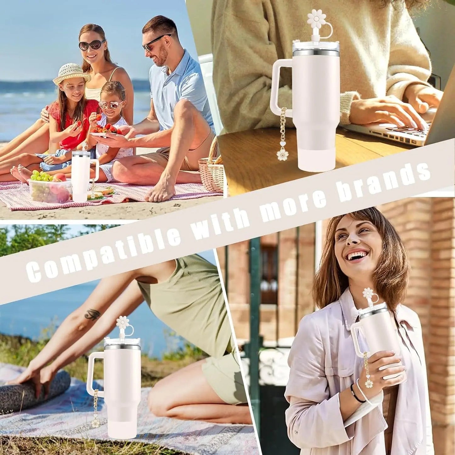 Cup Accessories for Stanley Set of 9, 2 Straw and Brush and 1 Flower Charm Chain 3 Spill Proof Stopper Flowers Straw Cover Boot - WILKYs