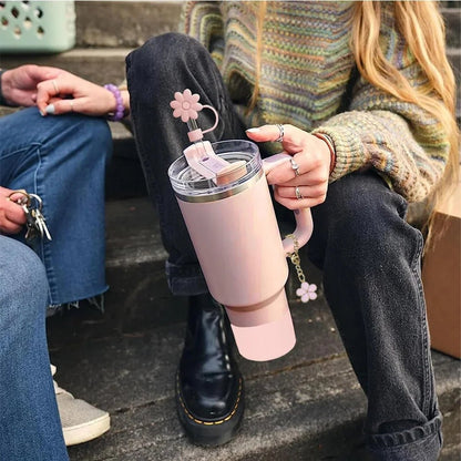 Cup Accessories for Stanley Set of 9, 2 Straw and Brush and 1 Flower Charm Chain 3 Spill Proof Stopper Flowers Straw Cover Boot - WILKYs