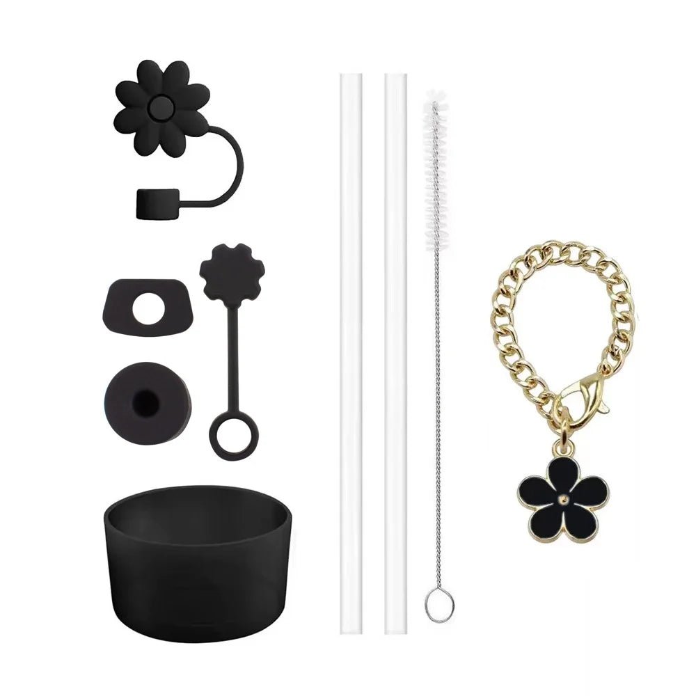 Cup Accessories for Stanley Set of 9, 2 Straw and Brush and 1 Flower Charm Chain 3 Spill Proof Stopper Flowers Straw Cover Boot - WILKYs