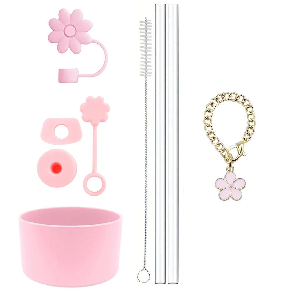 Cup Accessories for Stanley Set of 9, 2 Straw and Brush and 1 Flower Charm Chain 3 Spill Proof Stopper Flowers Straw Cover Boot - WILKYs