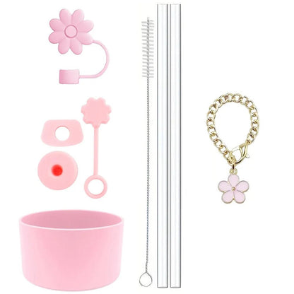 Cup Accessories for Stanley Set of 9, 2 Straw and Brush and 1 Flower Charm Chain 3 Spill Proof Stopper Flowers Straw Cover Boot - WILKYs