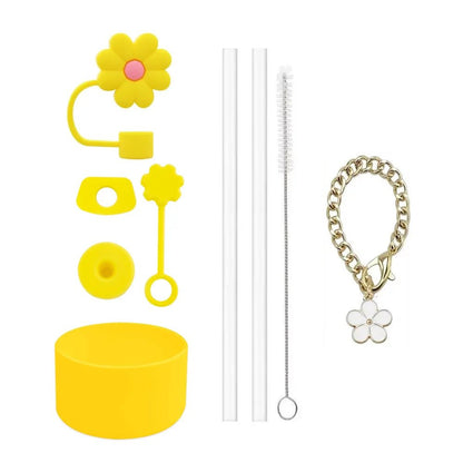 Cup Accessories for Stanley Set of 9, 2 Straw and Brush and 1 Flower Charm Chain 3 Spill Proof Stopper Flowers Straw Cover Boot - WILKYs