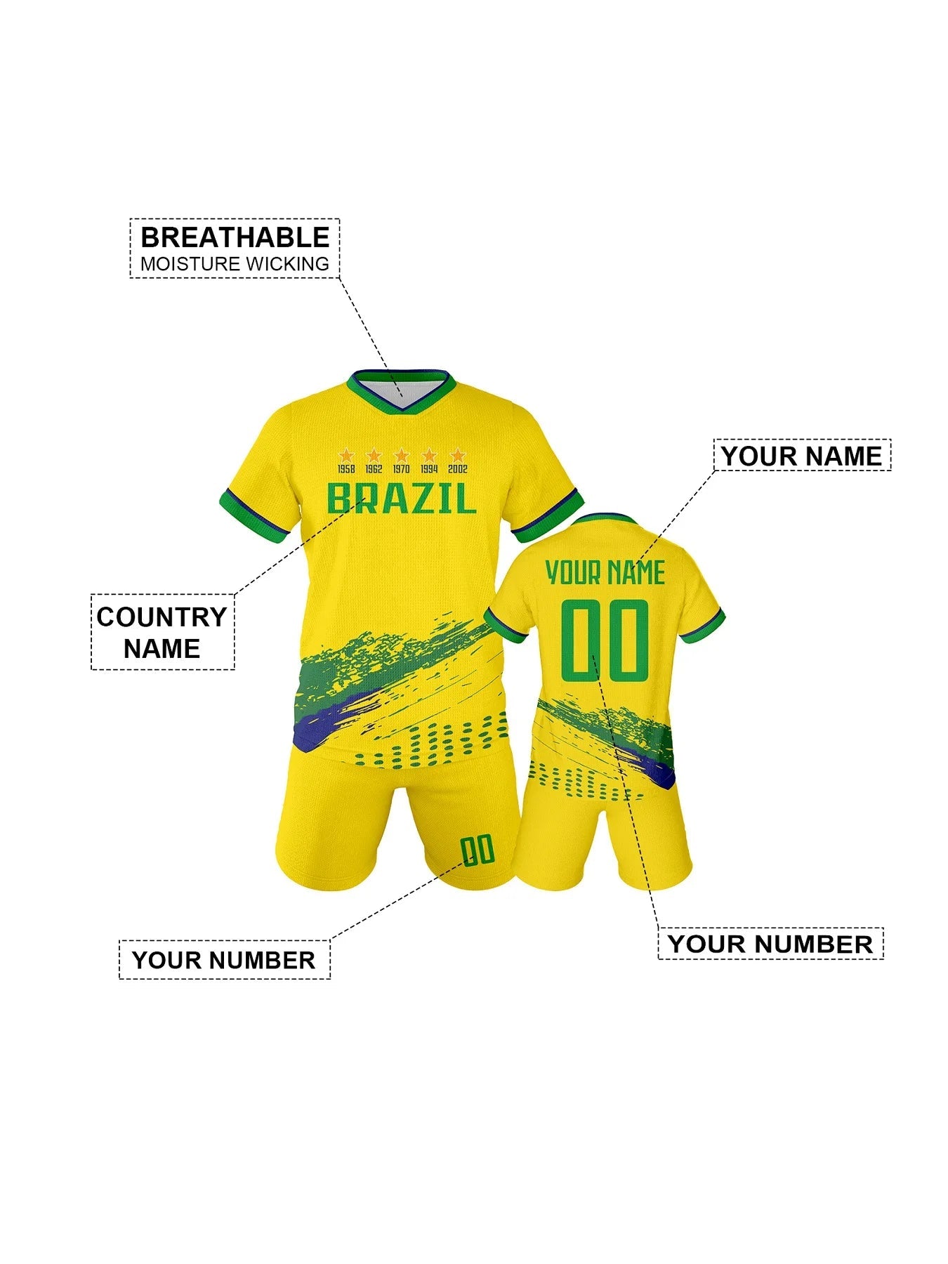 Custom Soccer Jersey Set Brazil Personalized Name Number Football Shirt for School Team Club Kids Youth Practice Soccer Uniform - WILKYs