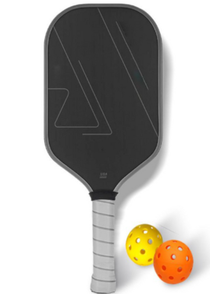 Pickleball paddle with carbon friction surface and Dura Foam Edge for spin control and durability.