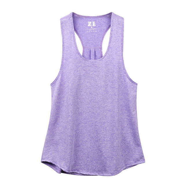 Purple workout tank top, sleeveless racerback style made from breathable polyester fabric.