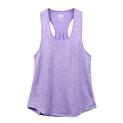 Purple workout tank top, sleeveless racerback style made from breathable polyester fabric.