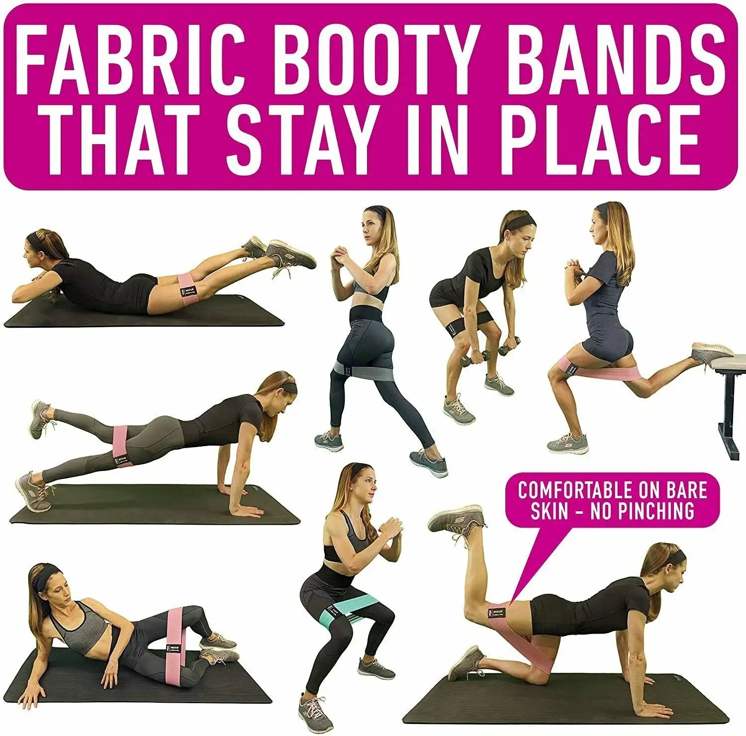 Exercise routine using fabric resistance bands for legs and butt workouts, showcasing multiple fitness poses.