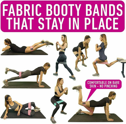 Exercise routine using fabric resistance bands for legs and butt workouts, showcasing multiple fitness poses.