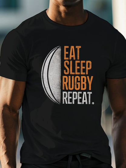 Eat Sleep Rugby Repeat" Men's Casual Tee - Comfy, Lightweight Crew Neck T-Shirt for Summer, Breathable Polyester - WILKYs