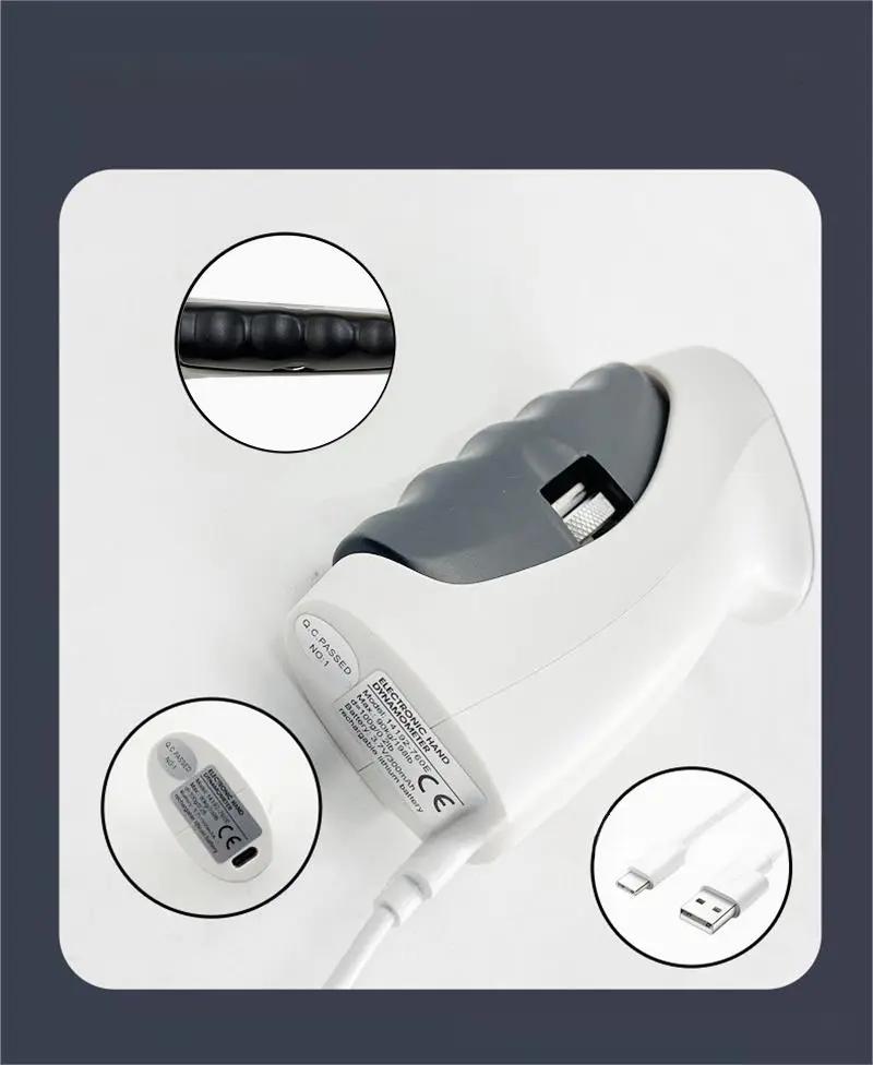 Digital electric hand gripper with dynamometer and USB charging features.