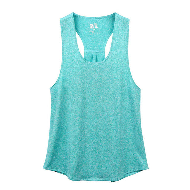 Racerback workout tank top in sky blue, made from breathable polyester fabric.