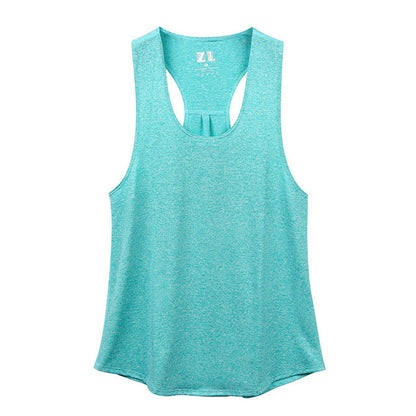 Racerback workout tank top in sky blue, made from breathable polyester fabric.