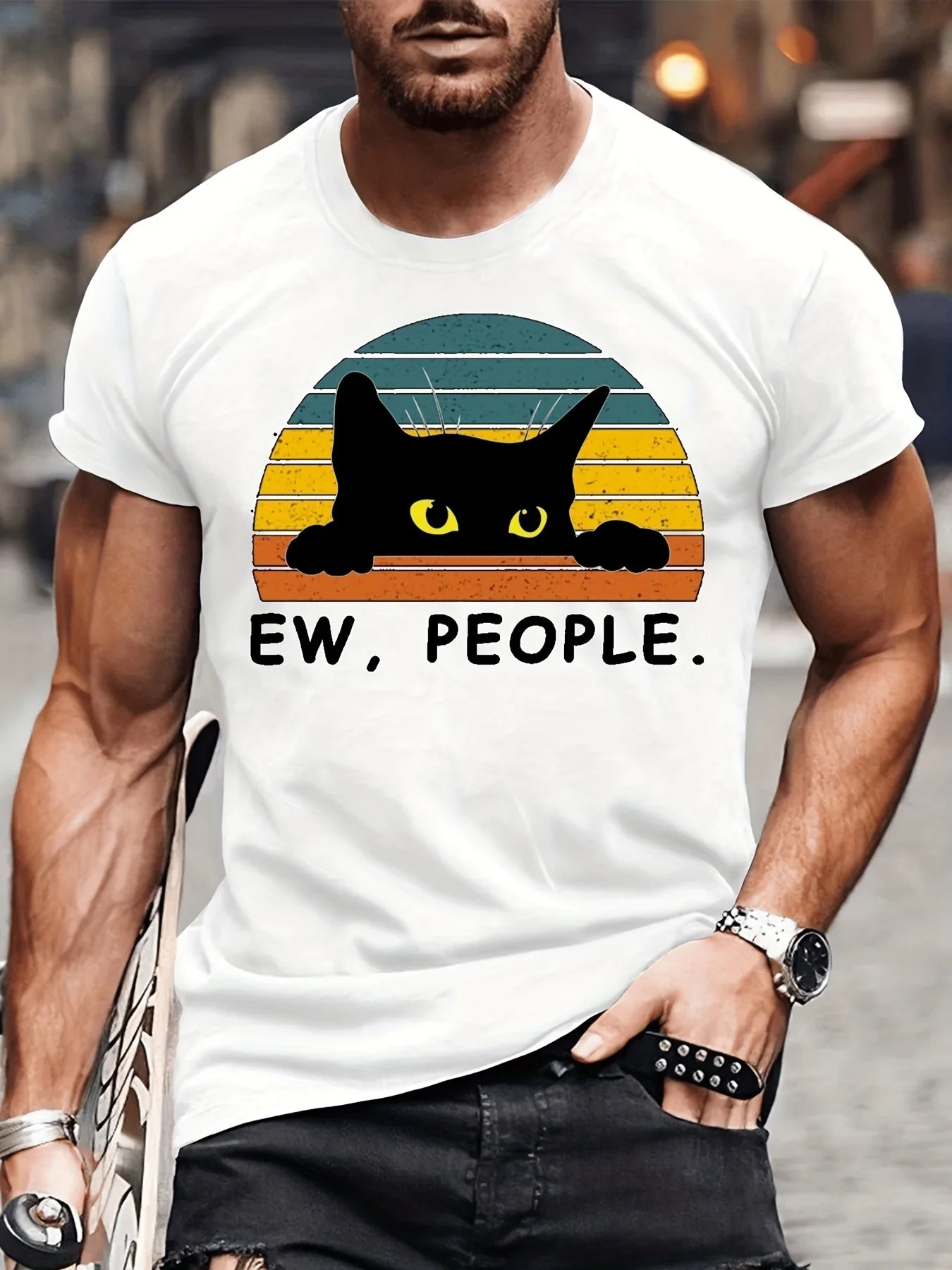 Fashion Forward Mens Black Cat Print T-Shirt - Stylish Hip Hop Crew Neck Tee for Summer Vacations & Unique Gifts - Comfortable - WILKYs