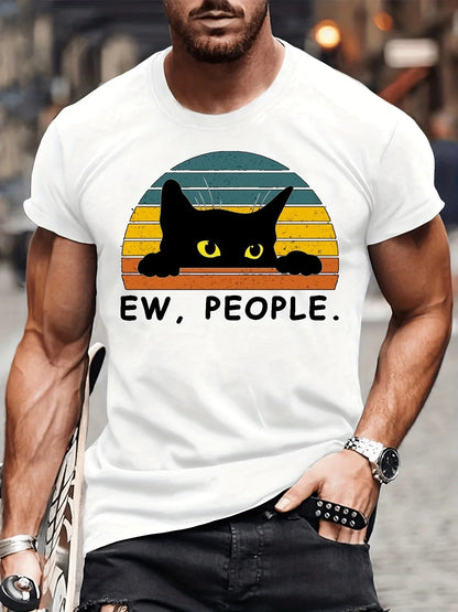 Fashion Forward Mens Black Cat Print T-Shirt - Stylish Hip Hop Crew Neck Tee for Summer Vacations & Unique Gifts - Comfortable - WILKYs
