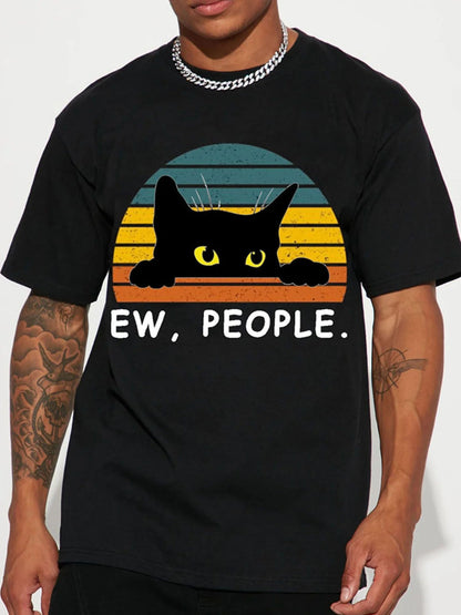 Fashion Forward Mens Black Cat Print T-Shirt - Stylish Hip Hop Crew Neck Tee for Summer Vacations & Unique Gifts - Comfortable - WILKYs